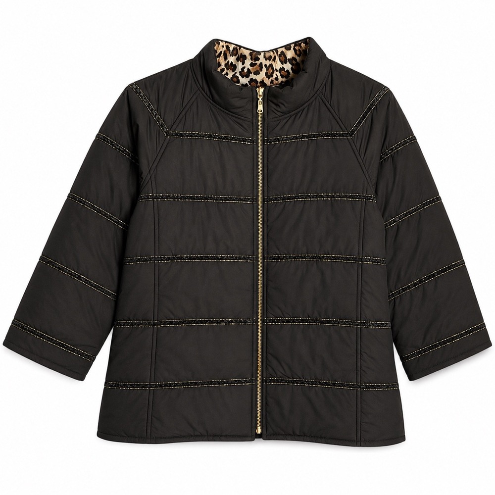 Chico's Women's Quilted Puffer Jacket Size 1 (Med) Black Leopard Trim Zip Coat